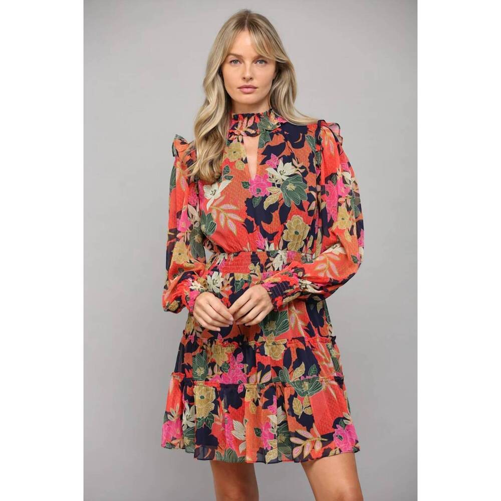NEW FATE floral print front keyhole tiered mini dress in navy multi